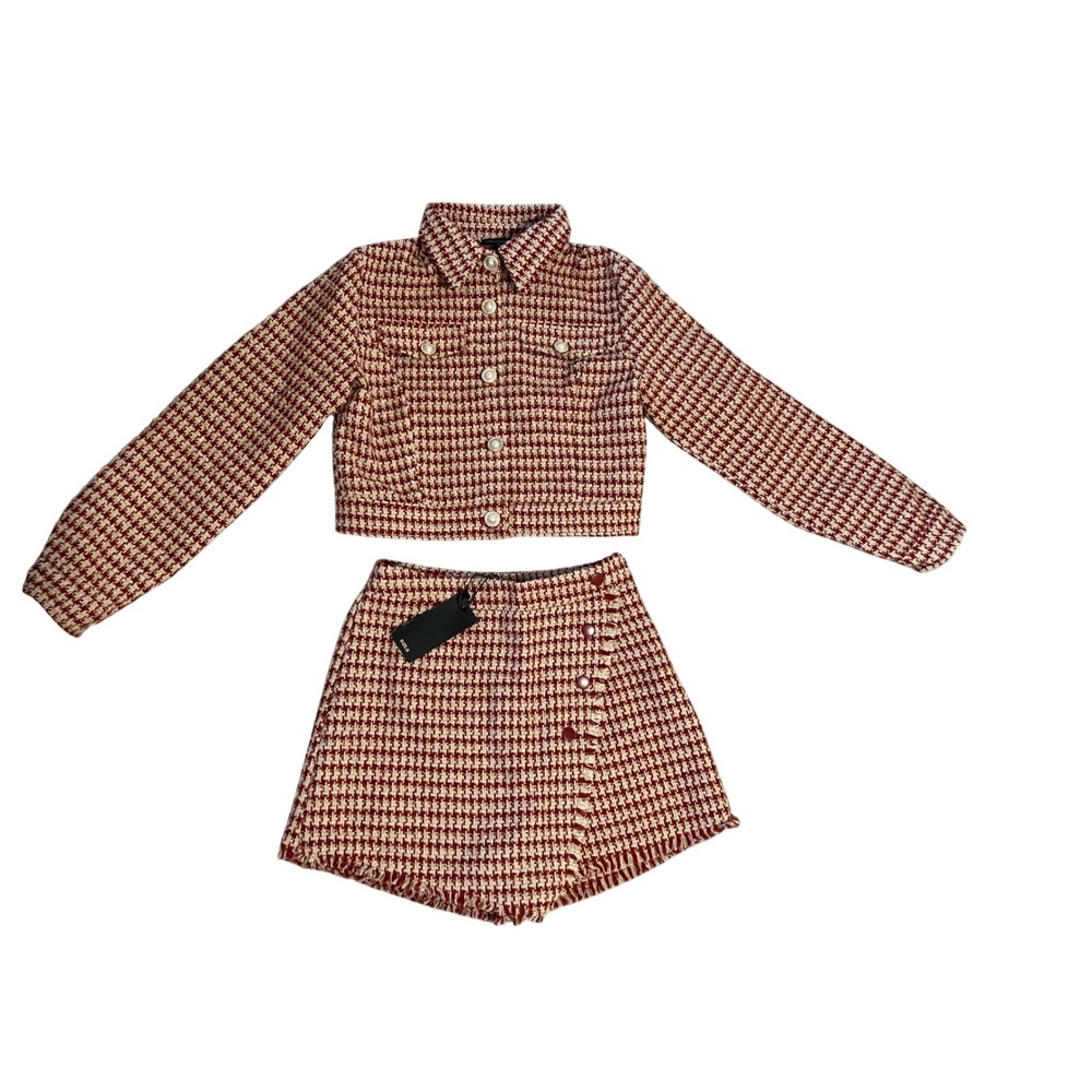 ShineStar Houndstooth Tweed Cropped Jacket Skort Set Orange Beige Pearl Button